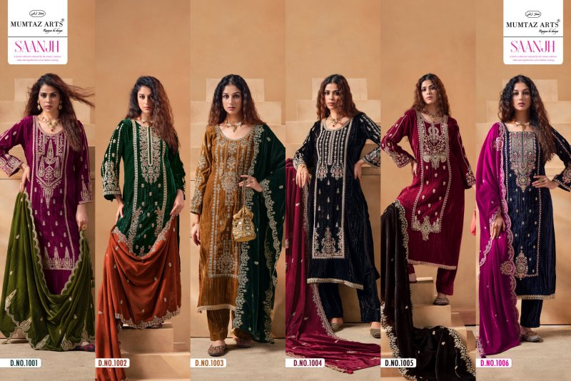 Saanjh By Mumtaz Arts Crush Velvet Embroidered Designer Salwar Suits